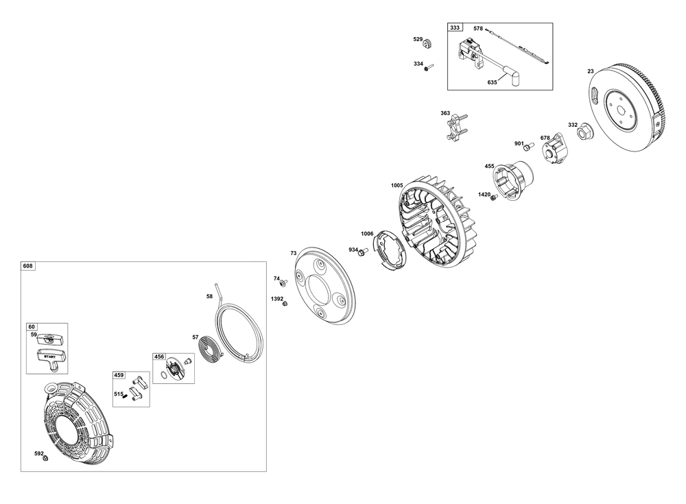 Flywheel, Ignition, And Starter Group Diagram and Parts List for 356446-0599-F1 200000 - 399999 Briggs and Stratton Engine